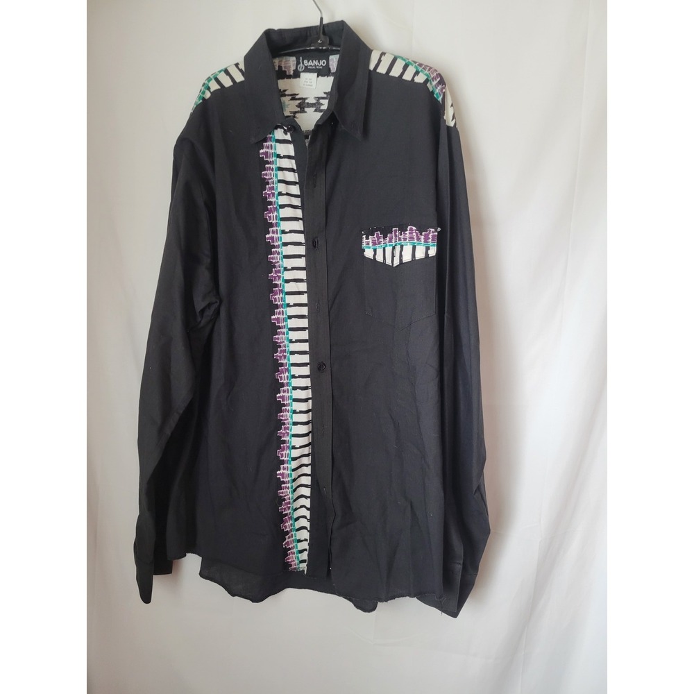 BANJO Dallas Texas Men's XL Black Western Aztec Tribal Print Button Down Shirt‎